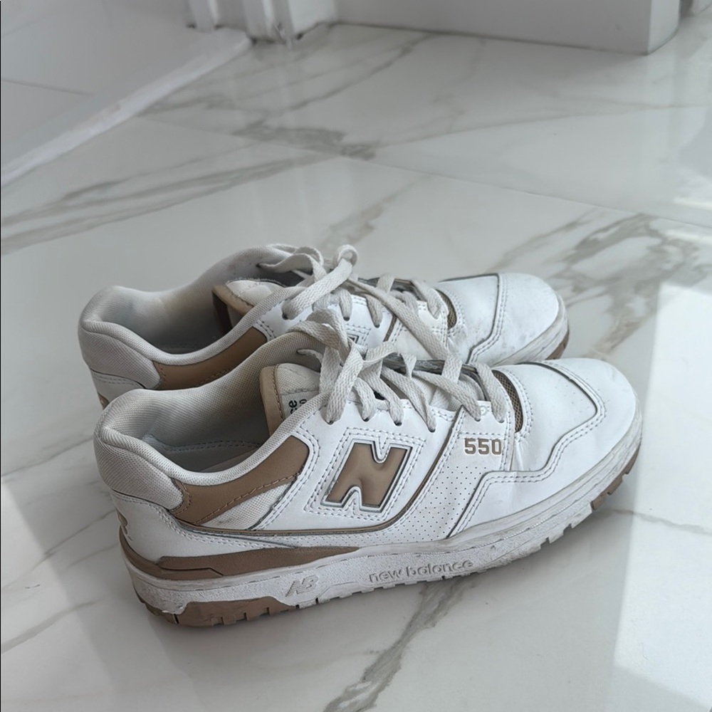 New Balance White and Tan Sneakers with Classic Design